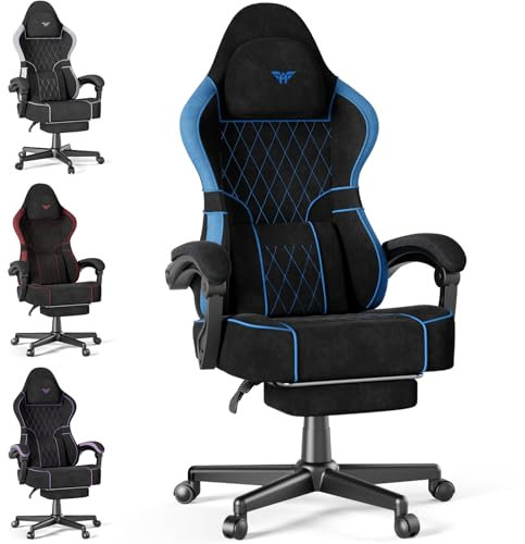 Soontrans Gaming Stuhl mit Massage Lendenwirbelstütze, Gepolstert Gaming Chair, Gaming Stuhl Ergonomisch mit Fußstütze, Samt, 90-160° Rückenlehne verstellbar Gaming Sessel, 360° Drehbar(schwarz&blau)