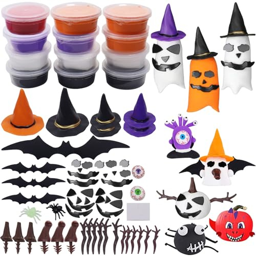 Modelliermasse Lufttrocknend, 51 Stück Halloween Knete Zubehör, Knetwerkzeug, Knete Set, Halloween Bastelset Kinder, Halloween Party Mitgebsel, DIY Knetmasse Geschenk für Jungen Mädchen ab 3 Jahre