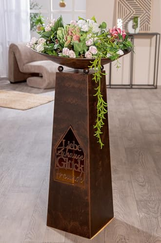MF Dekorativer Schalenständer im Antik-Finish, 95 cm Höhe, Metall Braun, mit Hausmotiv und Schriftzug