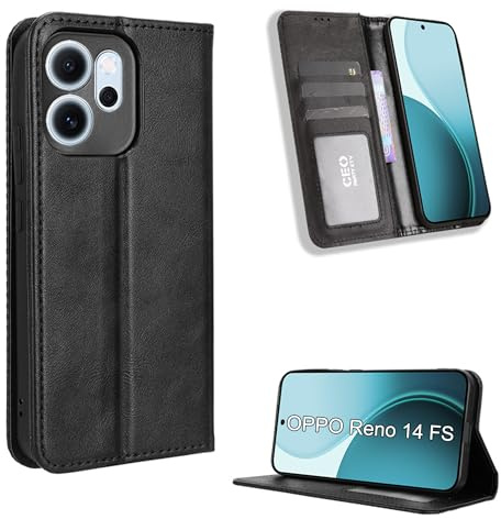 Fitudoos Handyhülle für Oppo Reno 14 F/FS 4G/5G Hülle Leder, Premium Leder Klapphülle [Kartenschlitzen] [Magnetverschluss] [Standfunktion] [Anti-Fall] [Anti-Kratzer] - Schwarz