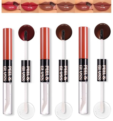 Dual-Ended Lip Gloss Set, 3-Pack, Berry Red, Chocolate And Nude Brown | Separate Wand Applicators, Layer Lip Colour With The Clear End, For Daytime Make-Up, Evening Looks And Travel