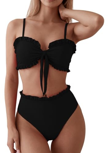 OUSIMEN Maillots de Bain Femme Deux Pièces Design Froncé et Torsadé Bretelles Bikini et Bas à Taille Moyenne