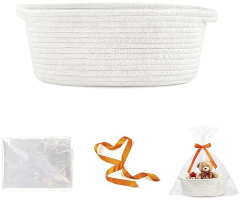 SMYJDMM Panier à Cadeaux Vide en Corde de Coton Tressé, Blanc, avec Sachets-Cadeaux et Ruban, pour Baby Shower, Anniversaire, Mariage, Pâques, Thanksgiving