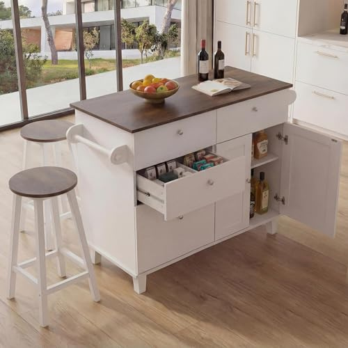 Mendler Kücheninsel HWC-P62 mit 2 Sitzhockern, Küchenschrank Schublade Staufächer MDF 90x131x47cm - weiß, Dunkles Holz