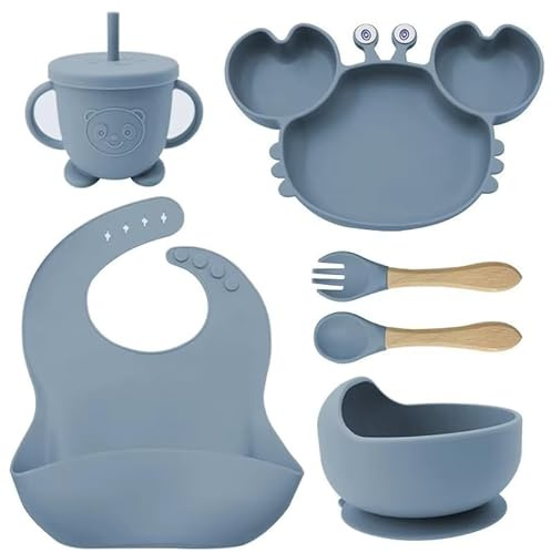 Eliano Ensemble de vaisselle en silicone pour bébé avec assiette crabe 6 pièces – Assiette et bol avec ventouse, gobelet avec paille, cuillère, fourchette et bavoir – Sans BPA – Passe au