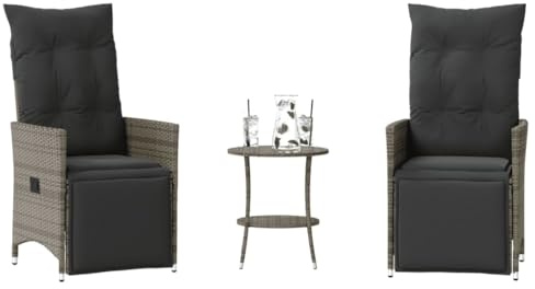 Ordellia 3-TLG. Bistro-Set mit Kissen, Grau Poly Rattan, verstellbare Relaxsessel, UV-beständig, 110 kg Tragkraft, für Balkon, Garten, Terrasse