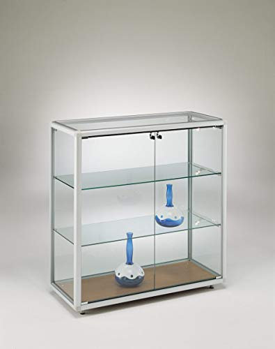 MHN Halbhohe Glasvitrine mit Rollen T 42,5 x B 99 x H 95 cm - breite Thekenvitrine Glas abschließbar - Flache Verkaufsvitrine - ohne Beleuchtung