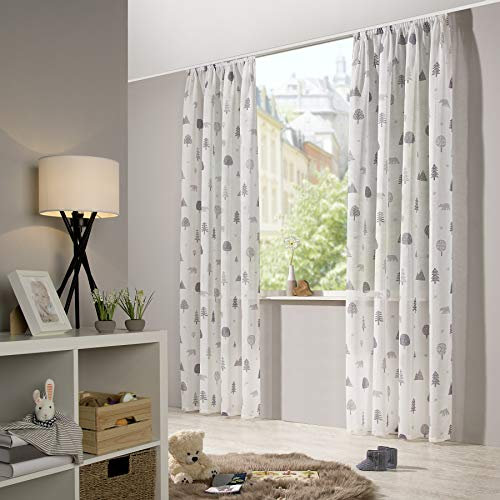 heimtexland ® Vorhang Kindergardine Leinen Optik HxB 245x135 cm Natur Grau Skandinavisch Wald Bär Gardine transparent Kräuselband Kinderzimmer Ökotex Typ563