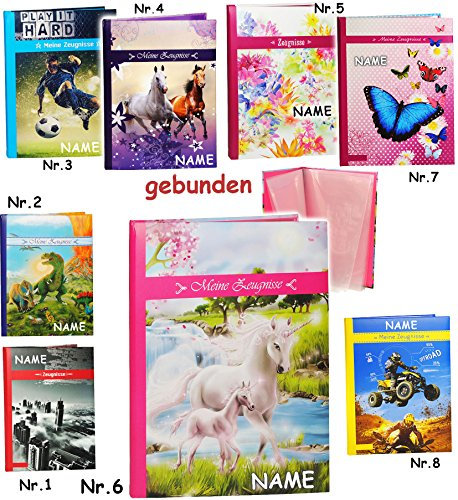 A 4 - Zeugnismappe/Zeugnisbuch - Meine Zeugnisse Einhorn mit Fohlen - incl. Name - GEBUNDEN mit festen Seiten - A4 - Softcover - Dokumentenmappe -..