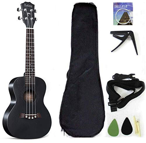 Konzert-Ukulele, massive Decke, Mahagoni, 58,4 cm, mit Ukulelen-Zubehör mit Gigbag, Gurt, Nylonsaiten und Plektren 26 inch schwarz
