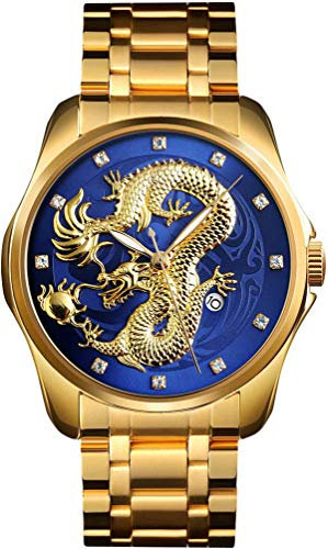 findtime Gold Herrenuhr Drache 3D Designer Männer Edelstahl Armbanduhr Elegant Analog Quarzuhr Datum Leuchtende