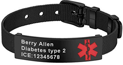 PROSTEEL personalisiert Identifizierung Medical Alert Armband für Allergie Diabetes Typ 1/2 schwarz Edelstahl 10mm Schild Armband mit Gürtel Schnalle SOS Notfall Unisex Schmuck Accessoire