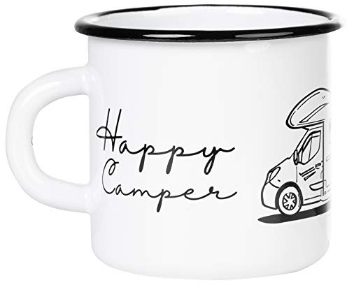 MUGSY Tasse en émail Happy Camper avec motif camping-car, 330 ml, tasse de camping, incassable, blanche