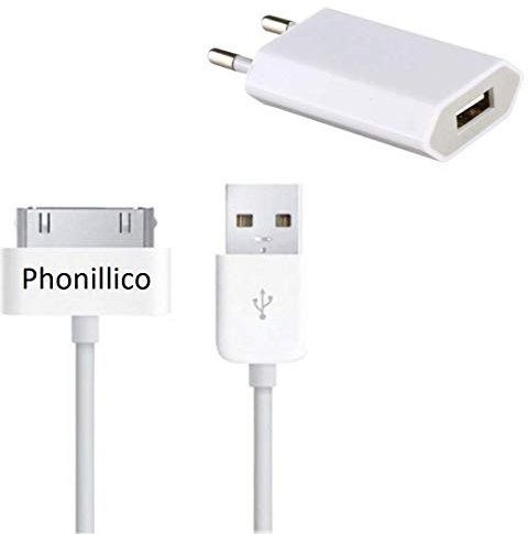 Cable USB + Chargeur Secteur Blanc Compatible avec IPHONE 4 / 4S / 3G / 3GS - Cable Mesure 1 Metre Chargeur Prise Murale Phonillico®