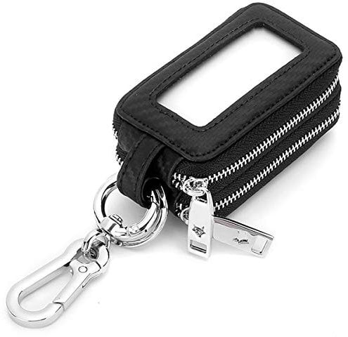 Aileder Autoschlüsseletui echtes Leder Autoschlüssel-Geldbörse Schlüsselanhänger Halter mit Metallhaken und Fenster, Doppelreißverschlusstasche für Autofobs und Hausschlüssel, Schwarz