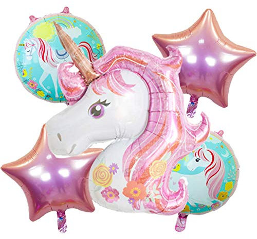 DIWULI, großes Ballon-Set, 1x XXL Einhorn-Luftballon + 2 süße Unicorn Folien-Ballons + 2 Stern-Ballons für Geburtstag, Mädchen Kindergeburtstag, Hochzeit, Motto-Party, Dekoration, Folien-Luftballons