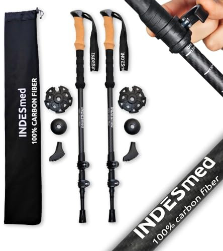 INDESmed | Bastones de Trekking 100% Fibra de Carbono – Ultraligeros, Telescópicos y Ajustables con Cierre Metálico Rápido | Bastones de Senderismo para Montaña, Trail Running y Nordic Walking (Negro)