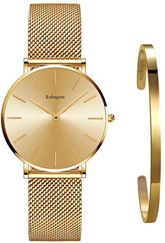 Kubagom Très Mince Montre pour Femme Quartz Étanche Acier Inoxydable avec Bracelet