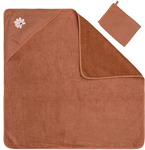 Nattou Serviette de Bain à Capuche et Gant de Toilette en Coton et Polyester (Tissu Éponge), Motif Fleur, Environ 75 x 75 cm, Coton, Susie et Bonnie, Marron