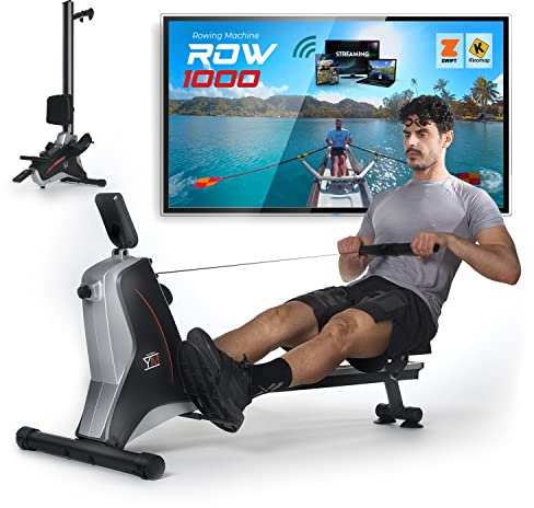 YM Faltbarer Rudergerät Row 1000, geräuscharm, ergonomisch, robust und kompakt, 8 Stufen, Bluetooth + App Coach Training und Video (Kinomap), Schiene aus Aluminium, multifunktionales Display
