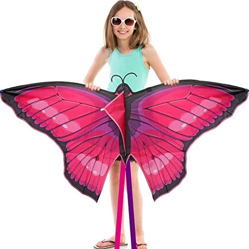 Cerf-Volant Papillon pour Enfants et Adultes, 140x70cm Cerf Volant monofil Kit cerf Volant Beach Kite avec une queue longue de 400cm Cadeau de Jouets de Cerf Volant pour Débutants, Rose