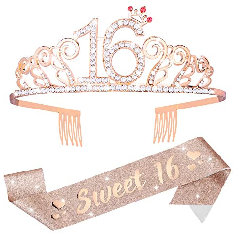 Abeillo 16. Geburtstag Krone Mädchen, Geburtstag Krone Schärpe, Mädchen Schärpe & Strass Tiara Kit, Geburtstag Party Dekorationen, Birthday Krone für Geburtstag Geschenk Partyzubehör und Dekorationen