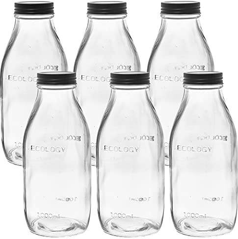 1, 2, 3, 4, 6 unidades, tapa negra mate, estilo vintage, 1 litro, 1000 ml, botella de leche de vidrio (6)