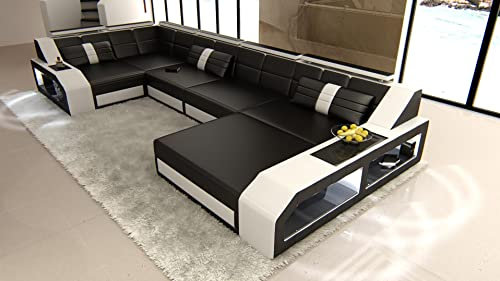 Sofa Wohnlandschaft Arezzo U Form Leder - mit LED Beleuchtung, verstellbare Kopfstützen, Recamiere/Lederfarben wählbar/Ausrichtung Ottomane wählbar (Ottomane rechts, Schwarz-Weiß)