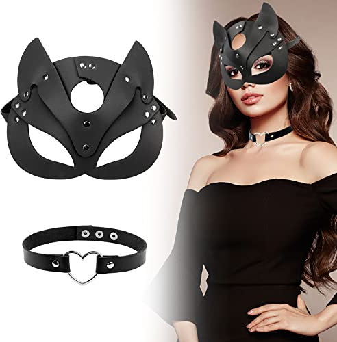 Catwoman Maske Und Choker-Set, Katze Maske Leder Maske Katzenmaske Maske Damen Schwarze PU Katzenmaske Maskerade Maske Halbgesichtsmaske FüR Halloween Cosplay (Leder1)
