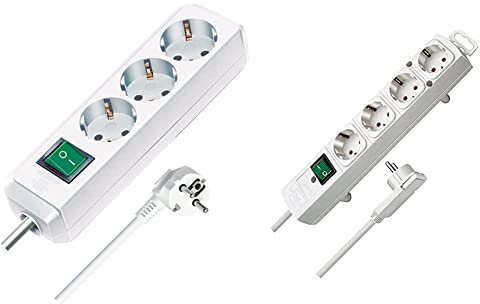Brennenstuhl Eco-Line, Steckdosenleiste 3-Fach (5m Kabel) weiß & Comfort-Line Plus, Steckdosenleiste 4-Fach (Steckerleiste mit Flachstecker und Schalter, Mehrfachsteckdose mit 2m Kabel) weiß