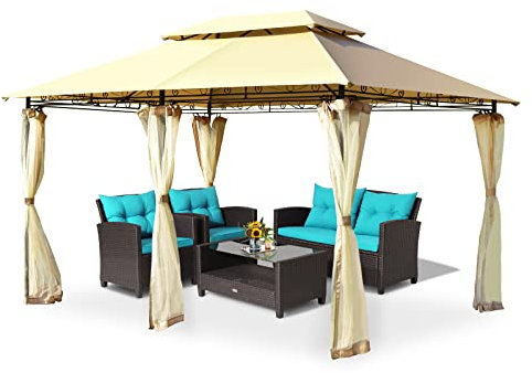 GYMAX Tonnelle de Jardin avec Double Toit, Moustiquaires Amovibles, Tente de Réception Imperméable avec Cadre Robuste, Pavillon de Jardin pour Mariages, Pique-niques, Fêtes (Beige)