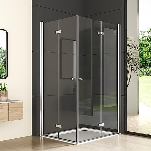 Falttür Duschkabine Eckeinstieg 100x120x185cm, Duschabtrennung Falttürkabine beide Seiten faltbar 5mm Nano ESG Glas, Silber Drehfalttür Höhe 185cm, Montage auf Duschwanne oder Fliese