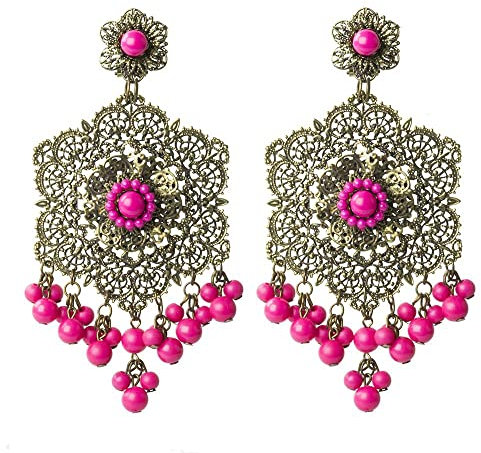 FLAMENCA SHOP Orecchino traforato rosetta con palline, Fucsia, 12 cm