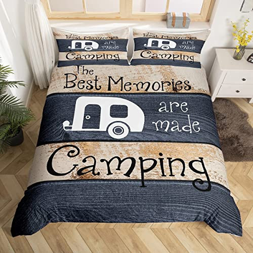 Glückliche Camping Bettbezug 135X200 Rustikale Camper Rv Tröster Abdeckung für Kinder Erwachsene Bauernhaus Kabine Camper Bettwäsche Set für Bunks, Navy Brown Scheune Tür Bettbezug 1 Kissenbezug