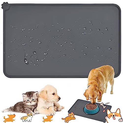Dilightnews Silikon Hundematte, Futternapf Unterlage für Katze Mit Rand, Rutschfeste Hundenapf Matte für Futternäpfe Wassernapf, Futtermatte, 48x30cm, Grau