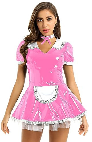 MSemis 3Pcs Damen Kostüm Dienstmädchen Lack Leder Kleid Lolita Cosplay Uniform Dessous Set Minikleid, Satin Schürze, Halsband Clubwear Gr. S-XL Rosa XXL