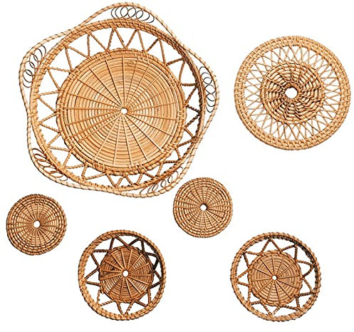 RXMORI Lot de 3 paniers muraux bohèmes à suspendre, paniers plats en osier naturel, paniers ronds en osier faits à la main, paniers muraux rustiques pour décoration d'intérieur (6 pièces, D)
