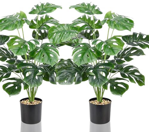 Lighterday Lot de 2 arbres artificiels décoratifs d'intérieur - Grandes plantes en plastique pour bureau, maison, décoration intérieure et extérieure (2 pots de Monstera)