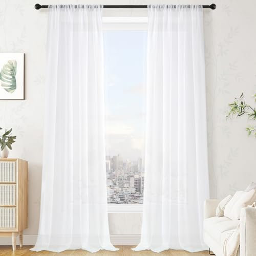 MRTREES White Voile Curtains 96 Inch Drop, Privacy Net Curtains with Rod Pocket for Bedroom and Living Room, 2 Panels 137x243 CM 54x96 Inch White