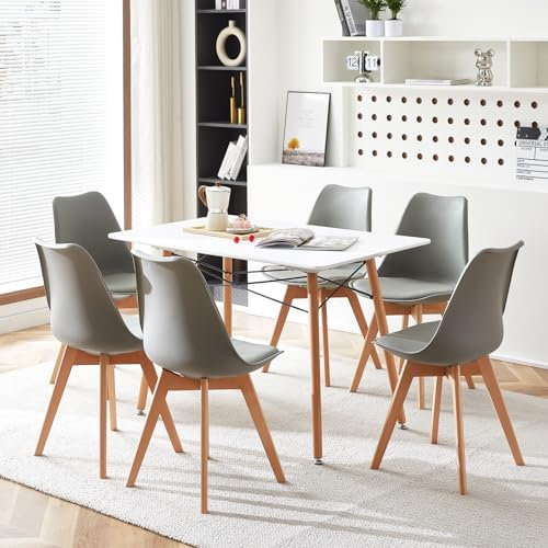 LafeuR Essgruppe Esstisch mit 6 Stühlen, 6er Set Esszimmerstühle und Rechteckig Küchentisch Esszimmergruppe Sitzgruppe für Esszimmer Küche Wohnzimmer Büro(Weiß Tisch + 6 Grau Stuhl)