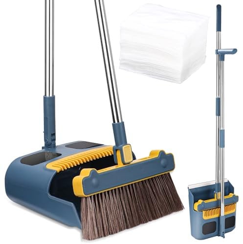LEAZZLE Escoba y Recogedor Plegable con Mango Largo, Recogedor Plegable de Pie y Escoba con Giratorio de 180 Grados Cabeza, Incluye 30 Piezas de Papel electrostático para Polvo, para Interior, Cocina
