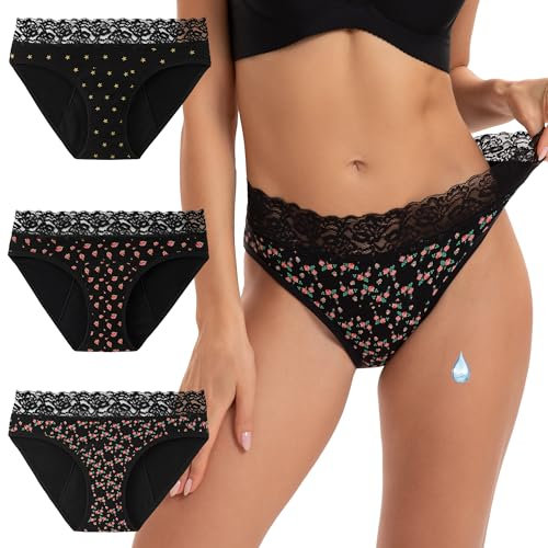 INNERSY Perioden Unterwäsche Baumwolle Menstruationsunterwäsche Spitzen Periode Unterhose 3 Pack (M, Schwarz mit Rose/Stern)