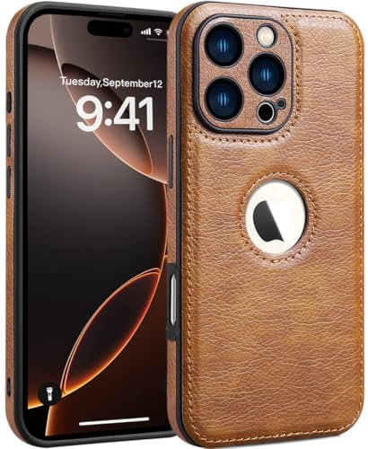 SOUTEM Custodia in pelle PU per iPhone 16 Pro,Cover di Protezione per L'obiettivo della Fotocamera,PU Pelle Sottile Lusso Business Antiscivolo Grip Rugged Antiurto Pieno Protettivo Case(Marrone)