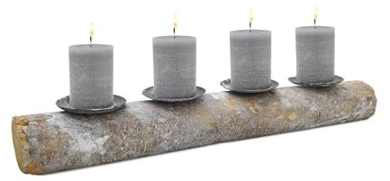 Kerzenhalter auf Baumstamm Shabby weiß - 50 cm - Advents Kerzenständer mit 4 Metall Haltern - Weihnachten Tisch Deko Ständer für Stumpenkerzen Kerzenleuchter Landhaus Stil