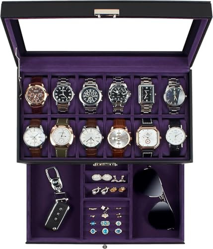 KILHS Uhrenbox für 12 Uhren, Uhrenaufbewahrung mit Glasdeckel, 2-stöckige Watch Box mit 1 Schublade, mit Schlüsselschloss, für Ringe und Ohrringe, als Geschenk geeignet,KS-012BP