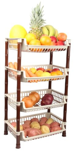 Jolie Max 4 Tier Rectangular Vegetable Rack – Free Standing Storage Organizer with Ventilated Baskets, Durable Plastic Utility Rack for Kitchen, Bathroom, and Pantry – Easy Assembly. (BEIGE)