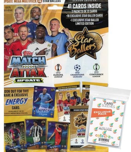 Bundle mit Match Attax Champions League 2024/25 - Trading Cards - 1 Update Multipack Star Ballers #4 + Exklusive Collect-it Hüllen