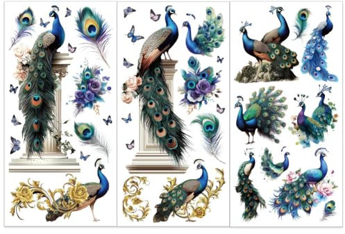 OLYCRAFT 3pcs/Set Peacock Rub on Transfers for Furniture and Crafts 15x30cm Feather Furniture Transfer Sticker Decals Decor Transfer Stickers Rub on Decals for Glass Cups Cabinets DIY Home Decor