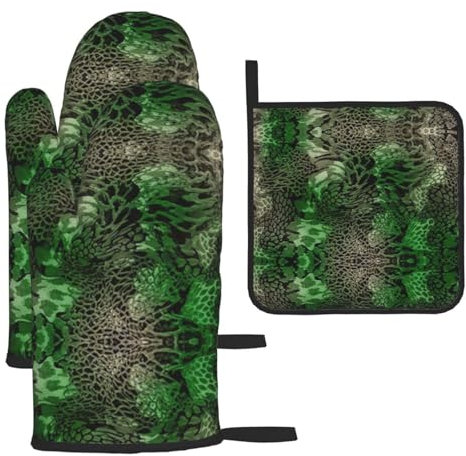 Set di guanti da forno e presine da cucina con stampa serpente verde, antiscivolo