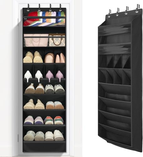 FENTEC Over Door Shoe Storage Organiser 8 Tier Hanging Shoe Rack Storage Organizer for Space Saving, Back of Door Shoes Organiser Deep Pockets with Sturdy Hooks, 1 Pack, Black